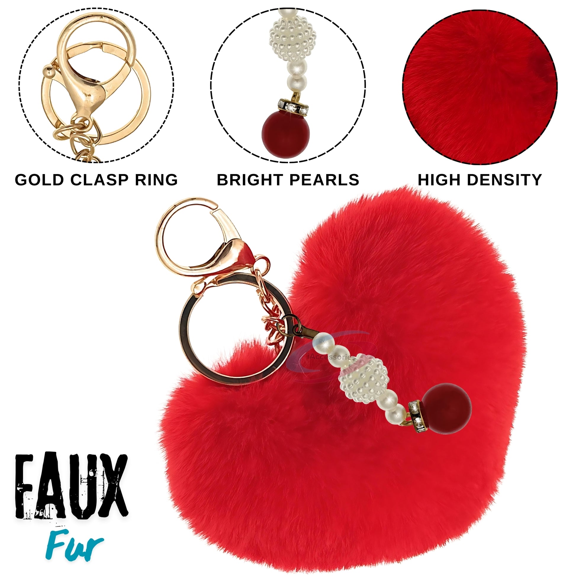 iAccessories Soft Faux Fur Pompom Heart Keychain with Pearl Pendant- Red - iAccessories