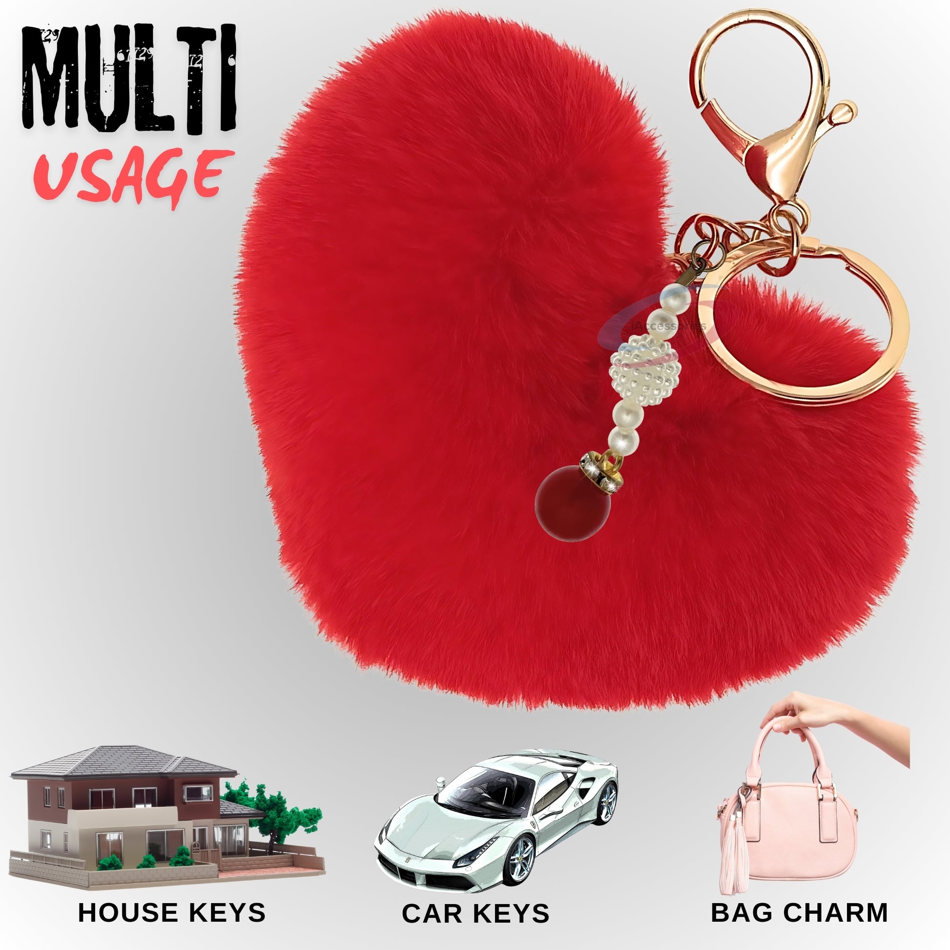 iAccessories Soft Faux Fur Pompom Heart Keychain with Pearl Pendant- Red - iAccessories