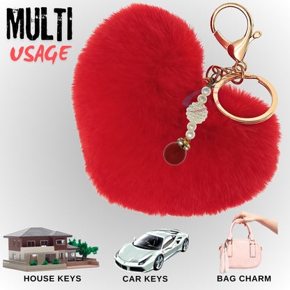 iAccessories Soft Faux Fur Pompom Heart Keychain with Pearl Pendant- Red - iAccessories