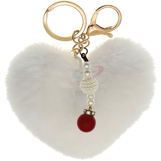 iAccessories Soft Faux Fur Pompom Heart Keychain with Pearl Pendant- White - iAccessories