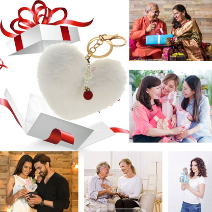 iAccessories Soft Faux Fur Pompom Heart Keychain with Pearl Pendant- White - iAccessories