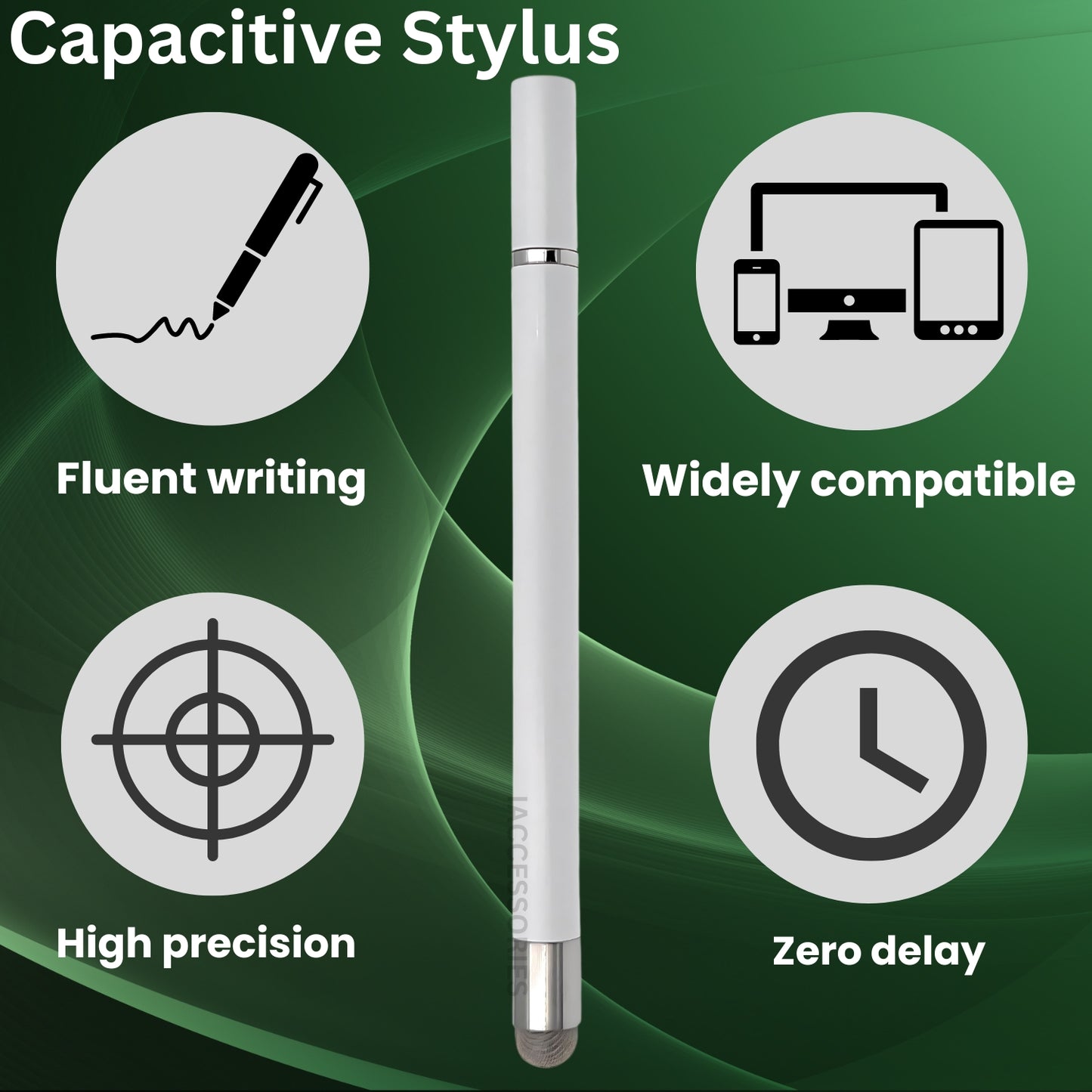 iAccessories 2-Way Stylus Pen - Fine Point Silicon Disc & Round Fiber Tips - White - iAccessories