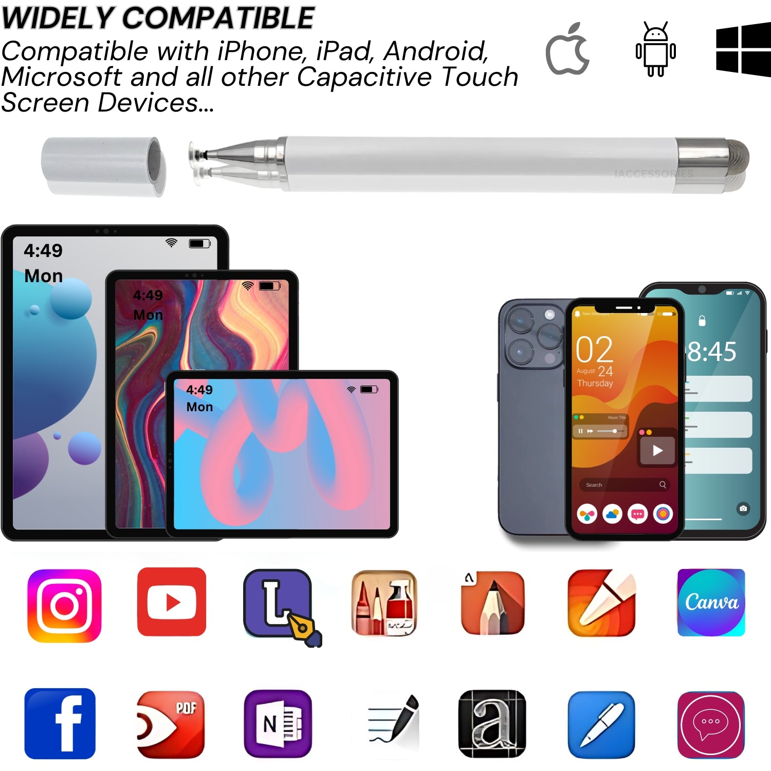 iAccessories 2-Way Stylus Pen - Fine Point Silicon Disc & Round Fiber Tips - White - iAccessories