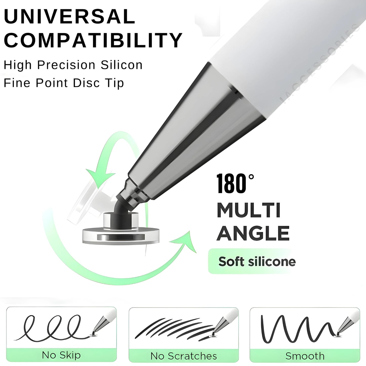 iAccessories 2-Way Stylus Pen - Fine Point Silicon Disc & Round Fiber Tips - White - iAccessories