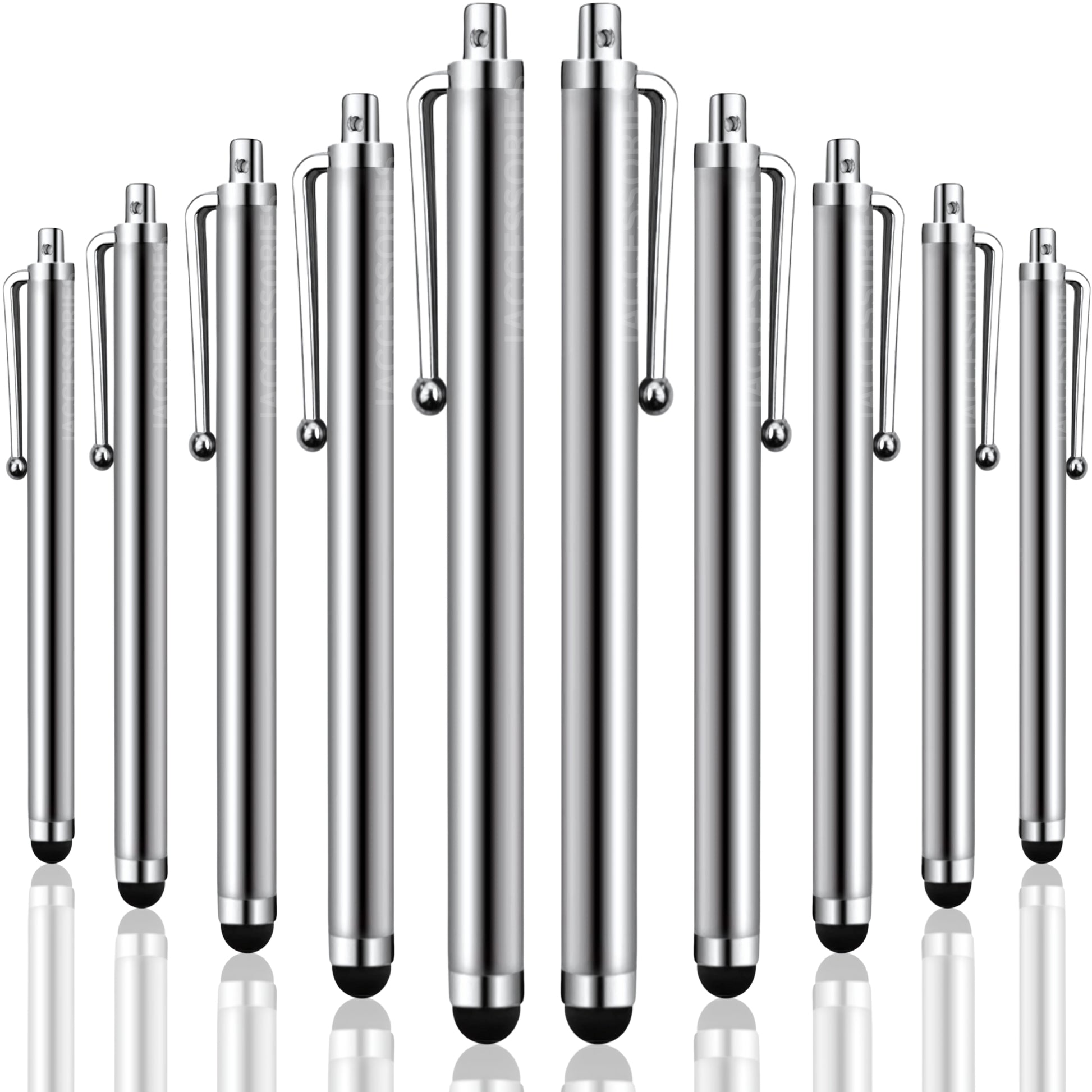 iAccessories Universal Capacitive Stylus Pens for All Touchscreen Devices Compatible with iPhone, iPad, Android Tablets, Mobile Phones - Pack of 10 - Silver - iAccessories