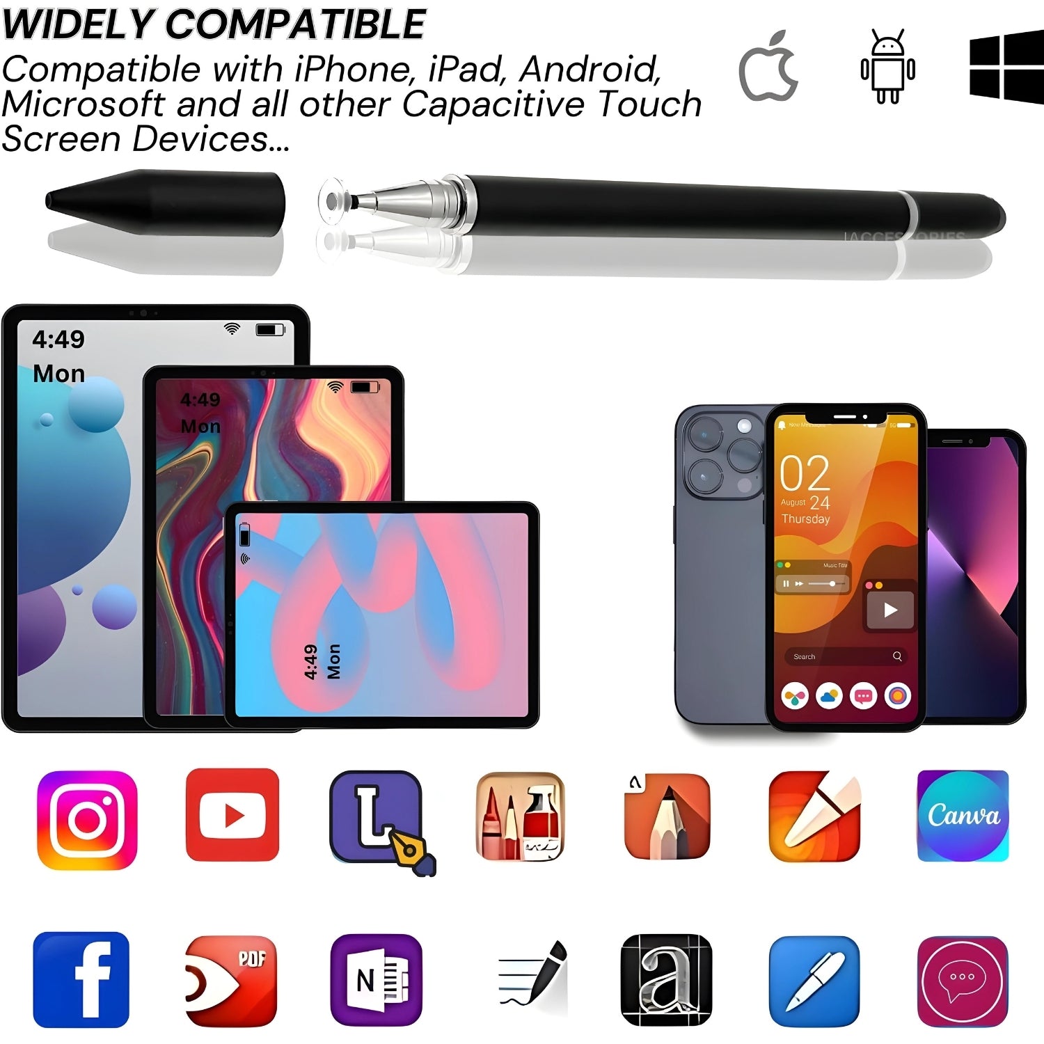 iAccessories 2 in 1 Fine Point Silicon Disc Tip Stylus with Ballpoint Pen for All Touch Screen Devices - Mobile Phones, Android Tablets, iOS Pads - Black - iAccessories