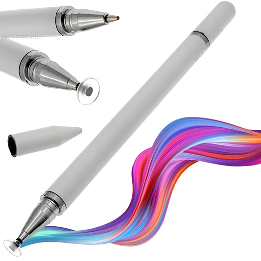 iAccessories 2 in 1 Fine Point Silicon Disc Tip Stylus with Ballpoint Pen for All Touch Screen Devices - Mobile Phones, Android Tablets, iOS Pads - White - iAccessories