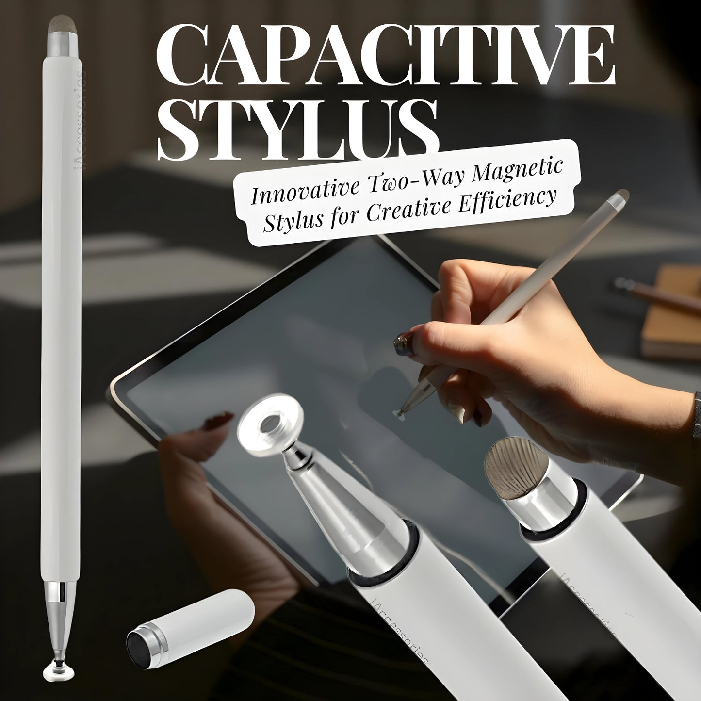 iAccessories 2 Way Magnetic Stylus Pen with Fiber & Fine Point Silicone Disc Tip - White - iAccessories