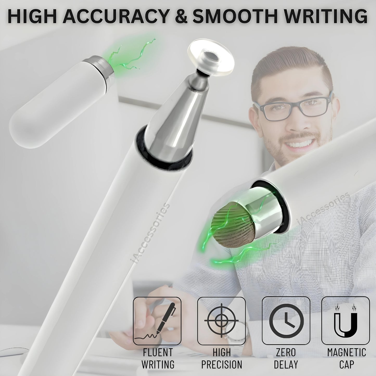 iAccessories 2 Way Magnetic Stylus Pen with Fiber & Fine Point Silicone Disc Tip - White - iAccessories