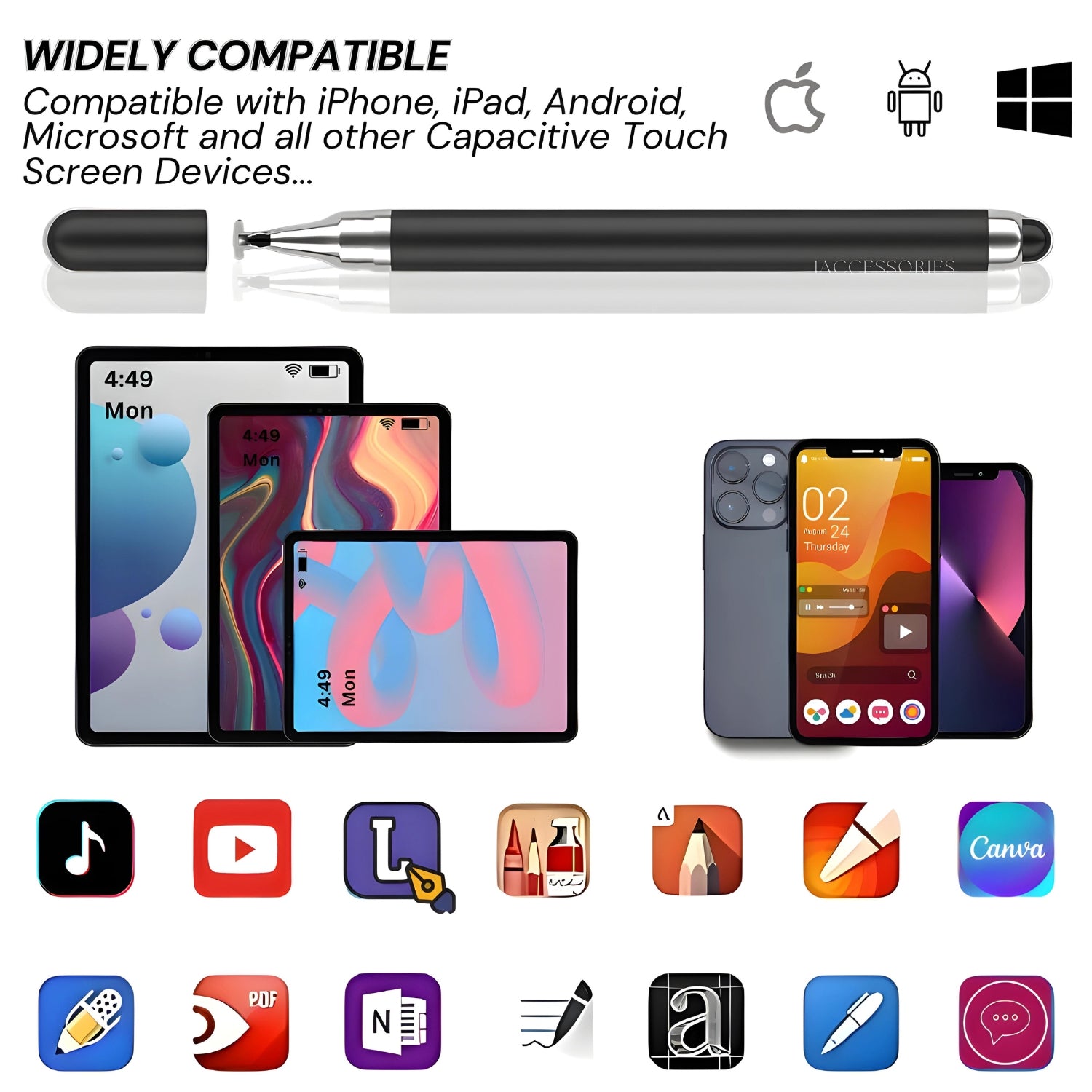 iAccessories 2-Way Dual-Sided Stylus Pen Compatible with All Touch Screen Mobile Phones, Pads, Tablets, iOS, Windows & Android - Black - iAccessories