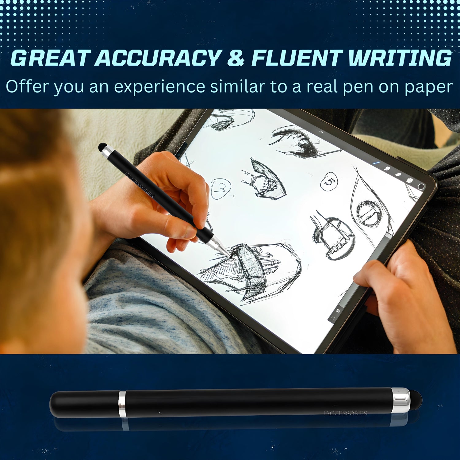 iAccessories 2-Way Dual-Sided Stylus Pen Compatible with All Touch Screen Mobile Phones, Pads, Tablets, iOS, Windows & Android - Black - iAccessories