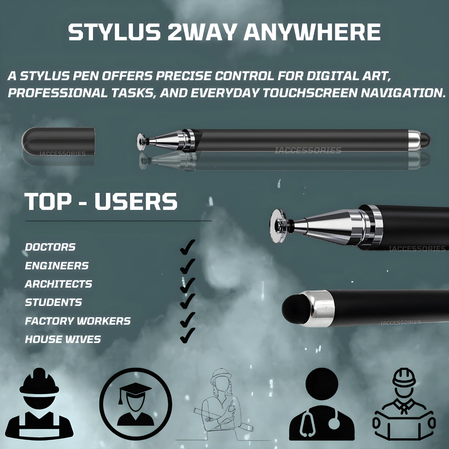 iAccessories 2-Way Dual-Sided Stylus Pen Compatible with All Touch Screen Mobile Phones, Pads, Tablets, iOS, Windows & Android - Black - iAccessories