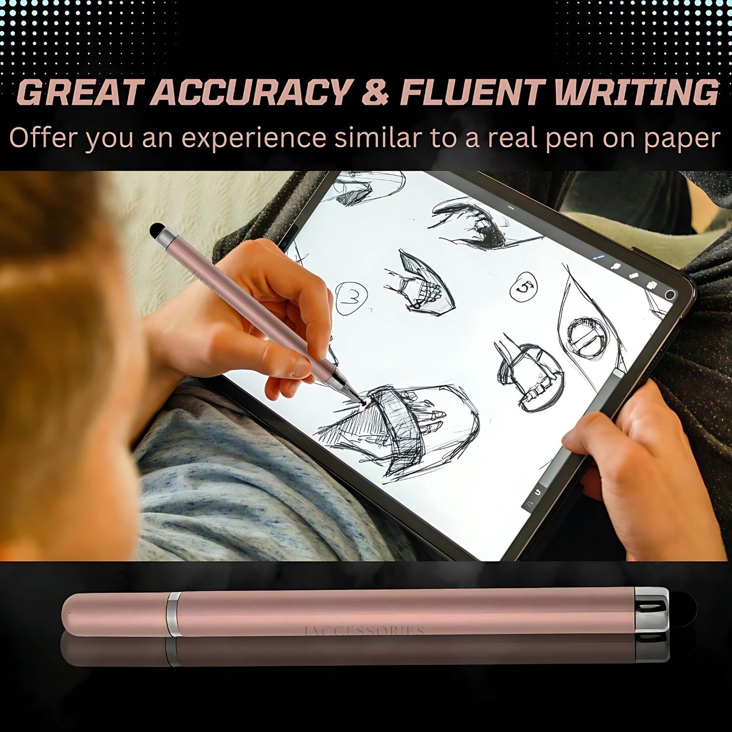 iAccessories 2-Way Dual-Sided Stylus Pen Compatible with All Touch Screen Devices, iPhone, iPads, Tablets, iOS, Windows & Android Mobile Phones - Rose Gold - iAccessories