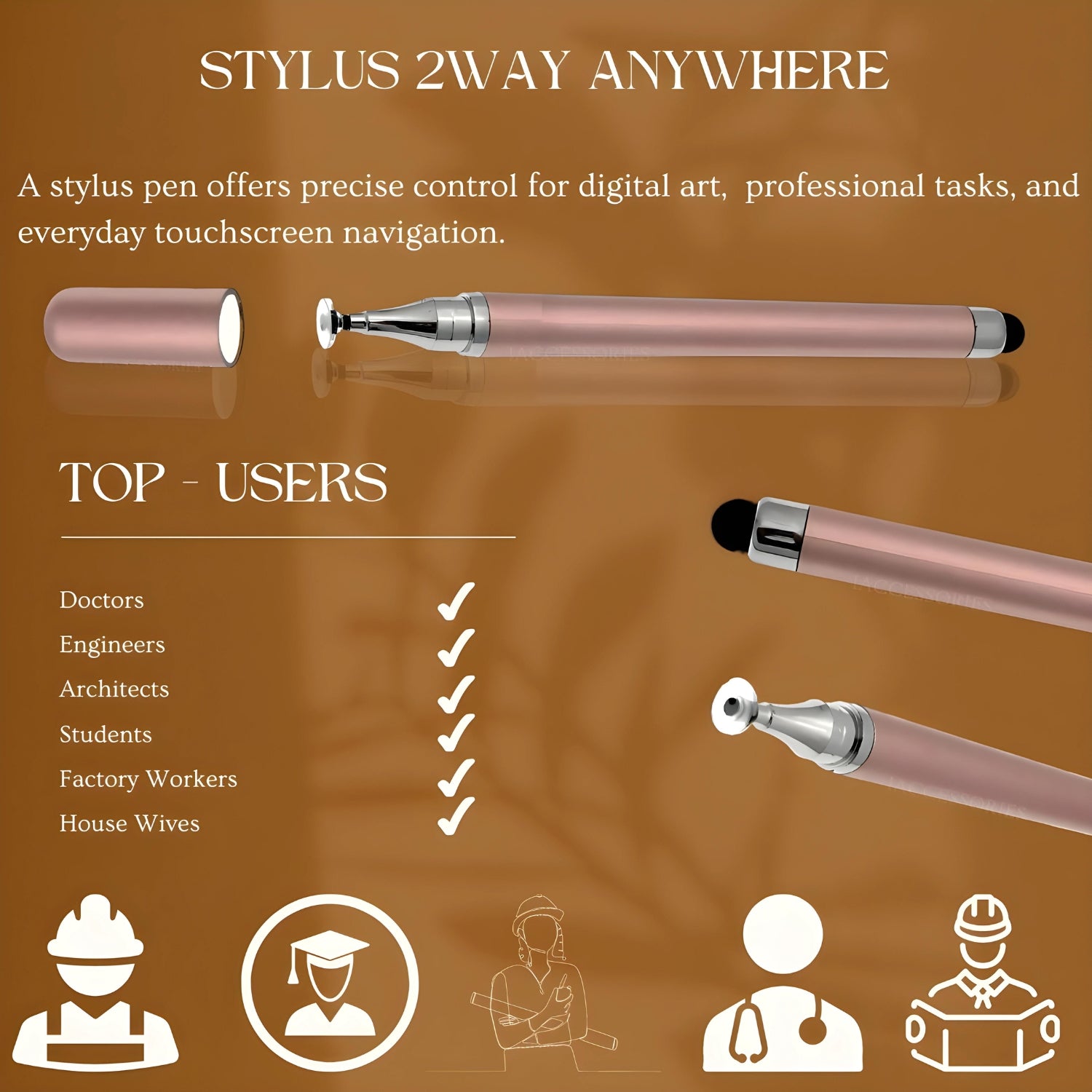iAccessories 2-Way Dual-Sided Stylus Pen Compatible with All Touch Screen Devices, iPhone, iPads, Tablets, iOS, Windows & Android Mobile Phones - Rose Gold - iAccessories
