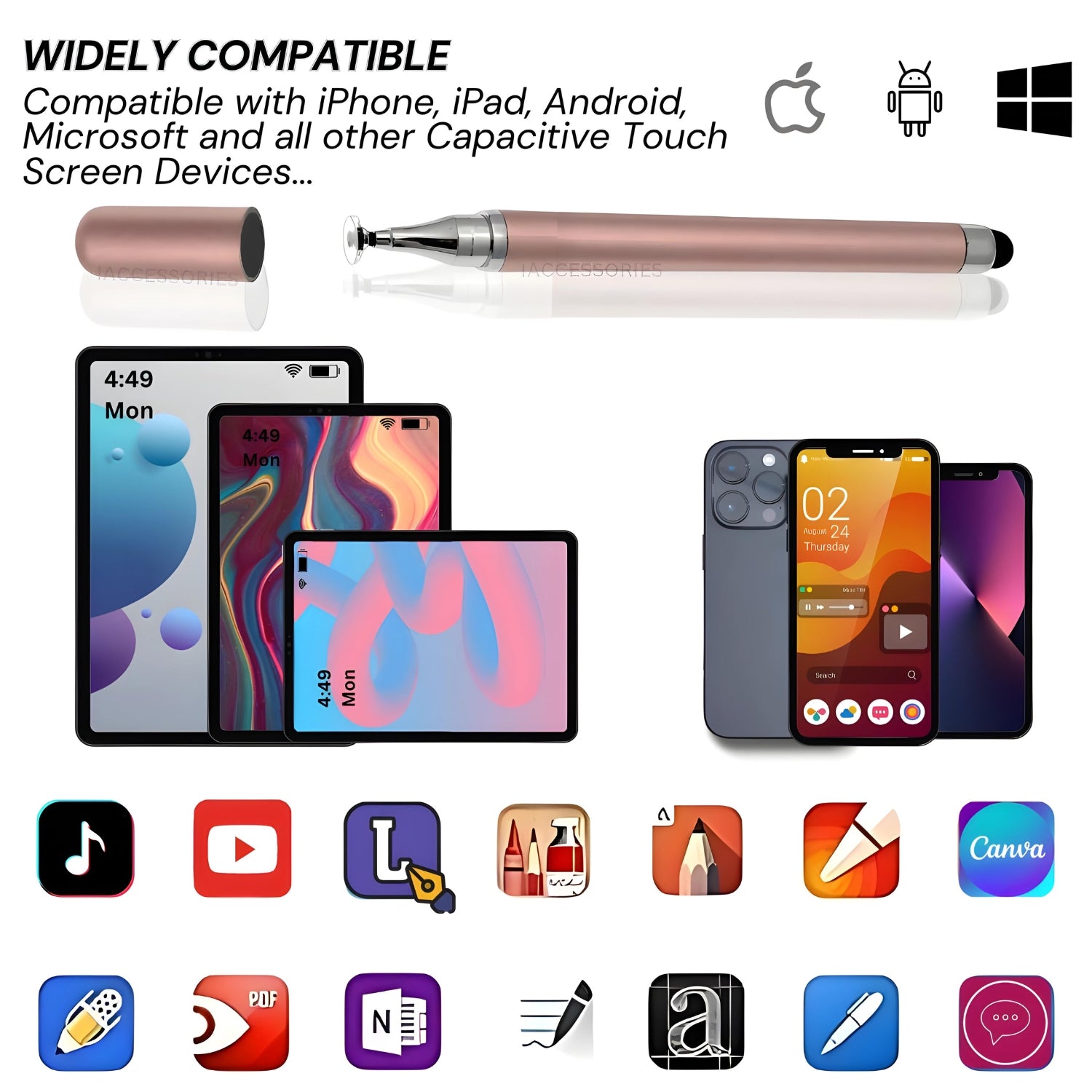 iAccessories 2-Way Dual-Sided Stylus Pen Compatible with All Touch Screen Devices, iPhone, iPads, Tablets, iOS, Windows & Android Mobile Phones - Rose Gold - iAccessories