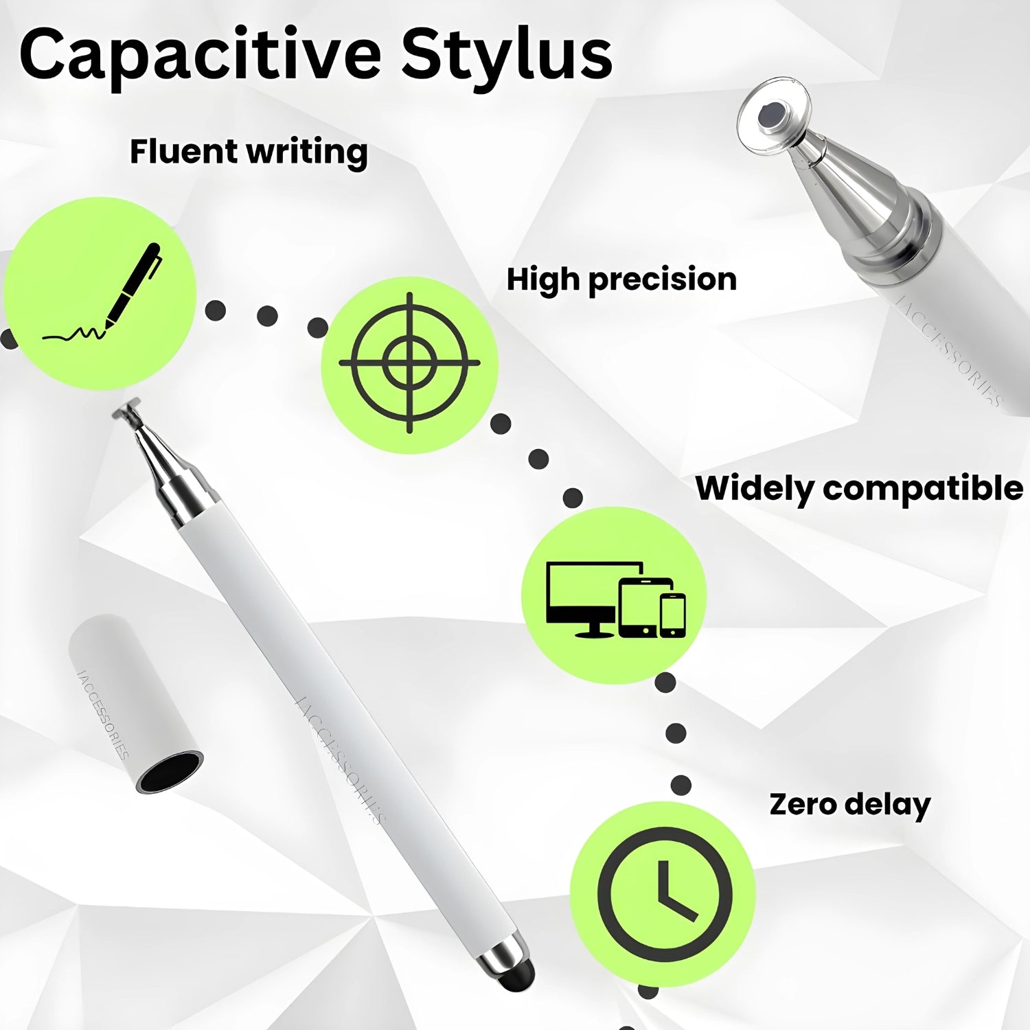 iAccessories 2-Way Dual-Sided Stylus Pen Compatible with All Touch Screen Mobile Phones, Pads, Tablets, iOS, Windows & Android - White - iAccessories