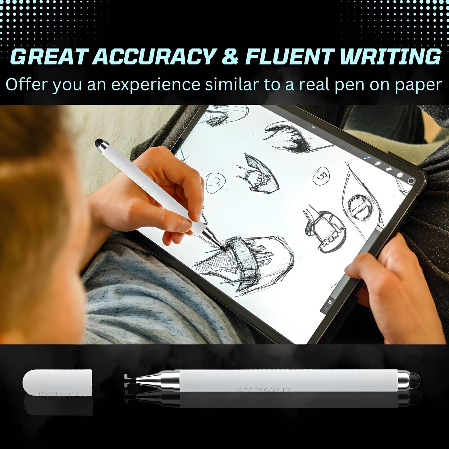 iAccessories 2-Way Dual-Sided Stylus Pen Compatible with All Touch Screen Mobile Phones, Pads, Tablets, iOS, Windows & Android - White - iAccessories