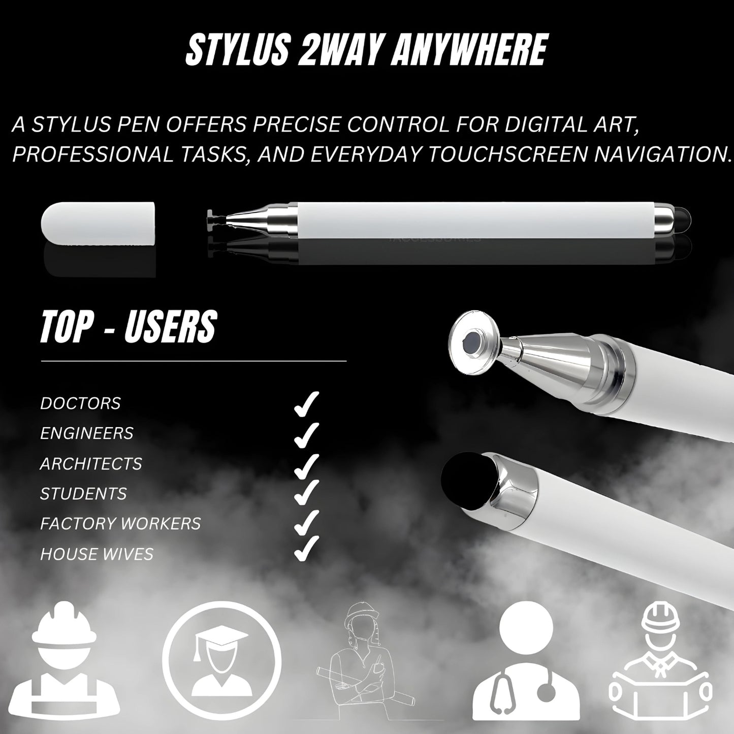 iAccessories 2-Way Dual-Sided Stylus Pen Compatible with All Touch Screen Mobile Phones, Pads, Tablets, iOS, Windows & Android - White - iAccessories