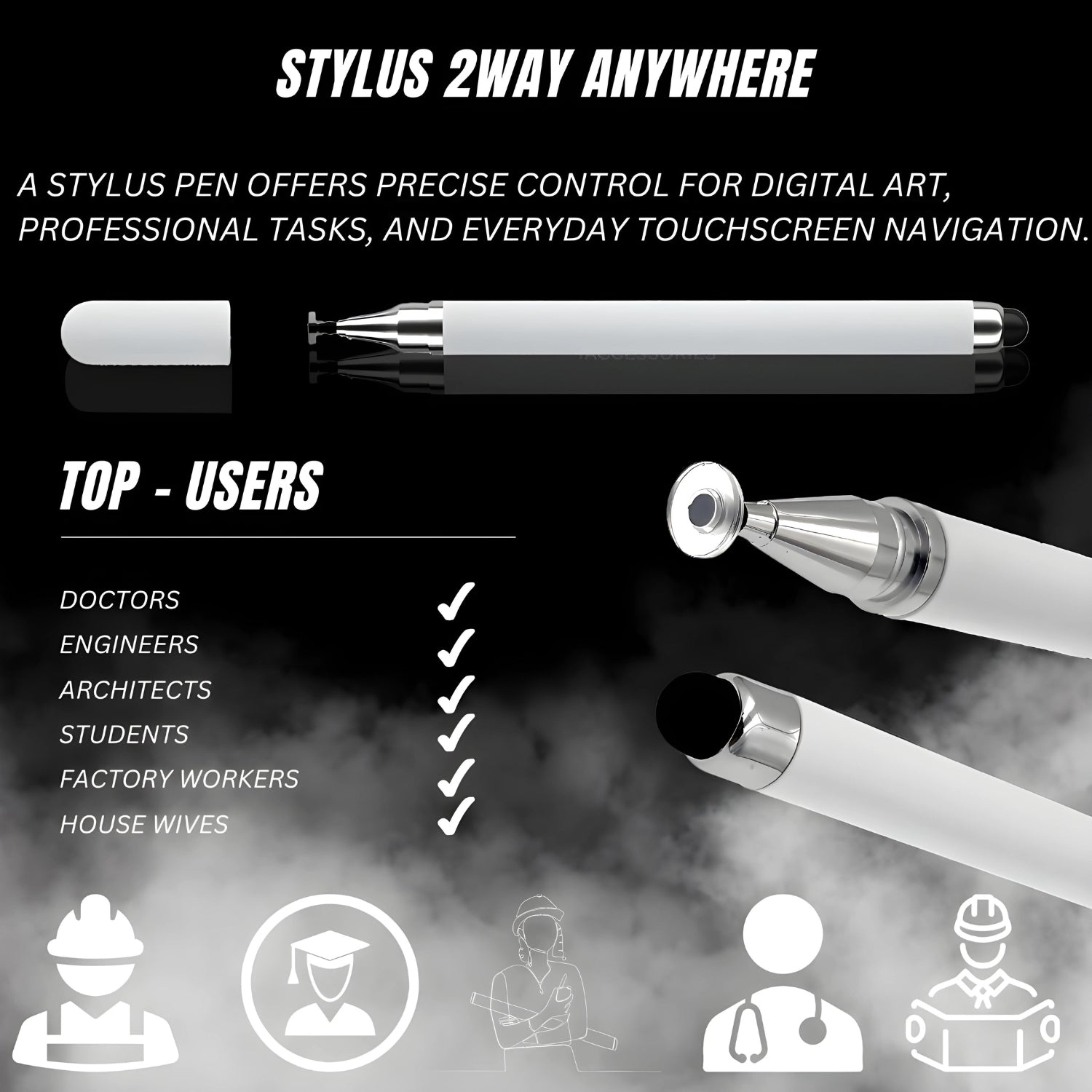 iAccessories 2-Way Dual-Sided Stylus Pen Compatible with All Touch Screen Mobile Phones, Pads, Tablets, iOS, Windows & Android - White - iAccessories