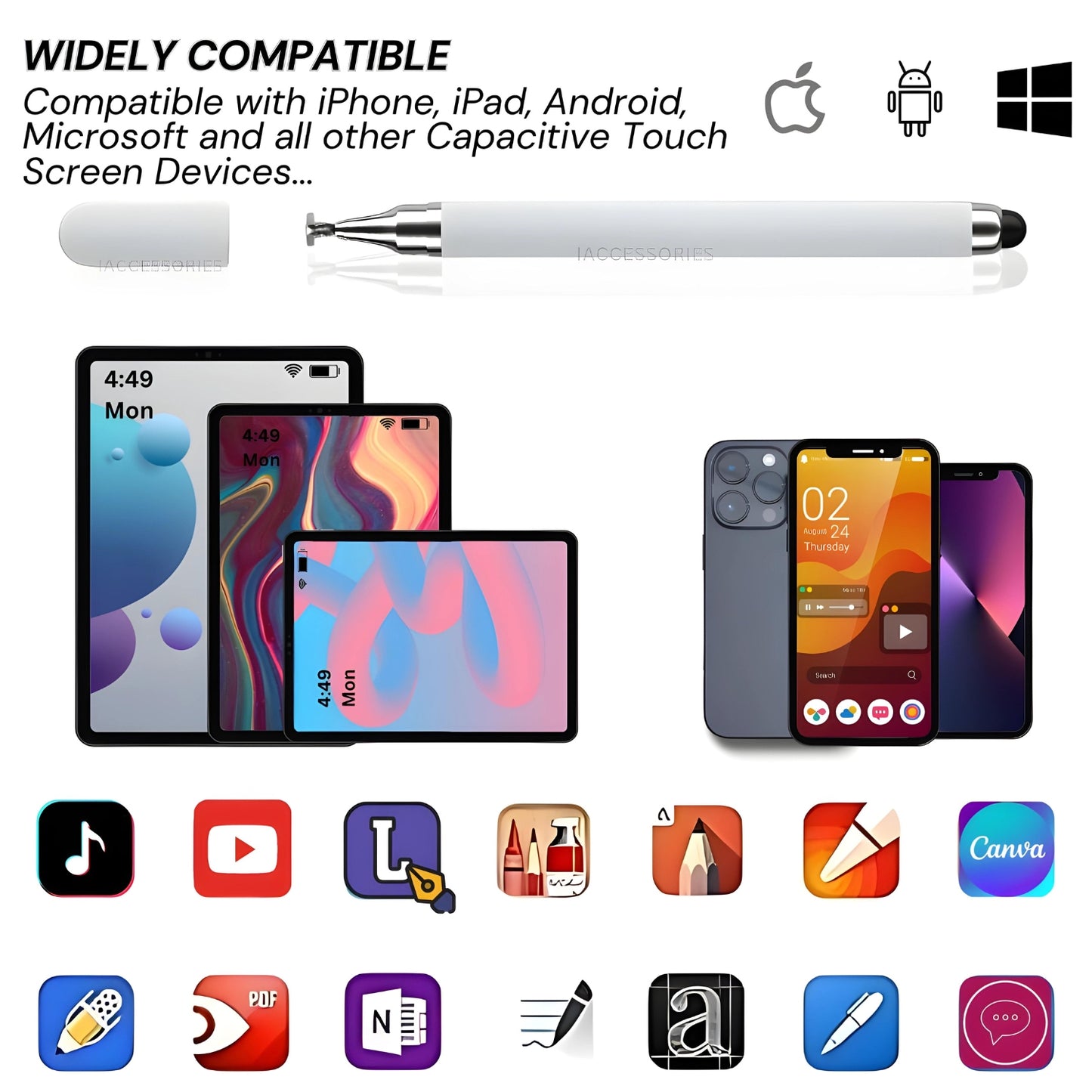iAccessories 2-Way Dual-Sided Stylus Pen Compatible with All Touch Screen Mobile Phones, Pads, Tablets, iOS, Windows & Android - White - iAccessories