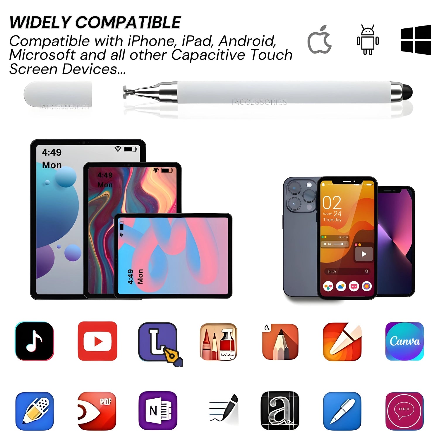 iAccessories 2-Way Dual-Sided Stylus Pen Compatible with All Touch Screen Mobile Phones, Pads, Tablets, iOS, Windows & Android - White - iAccessories