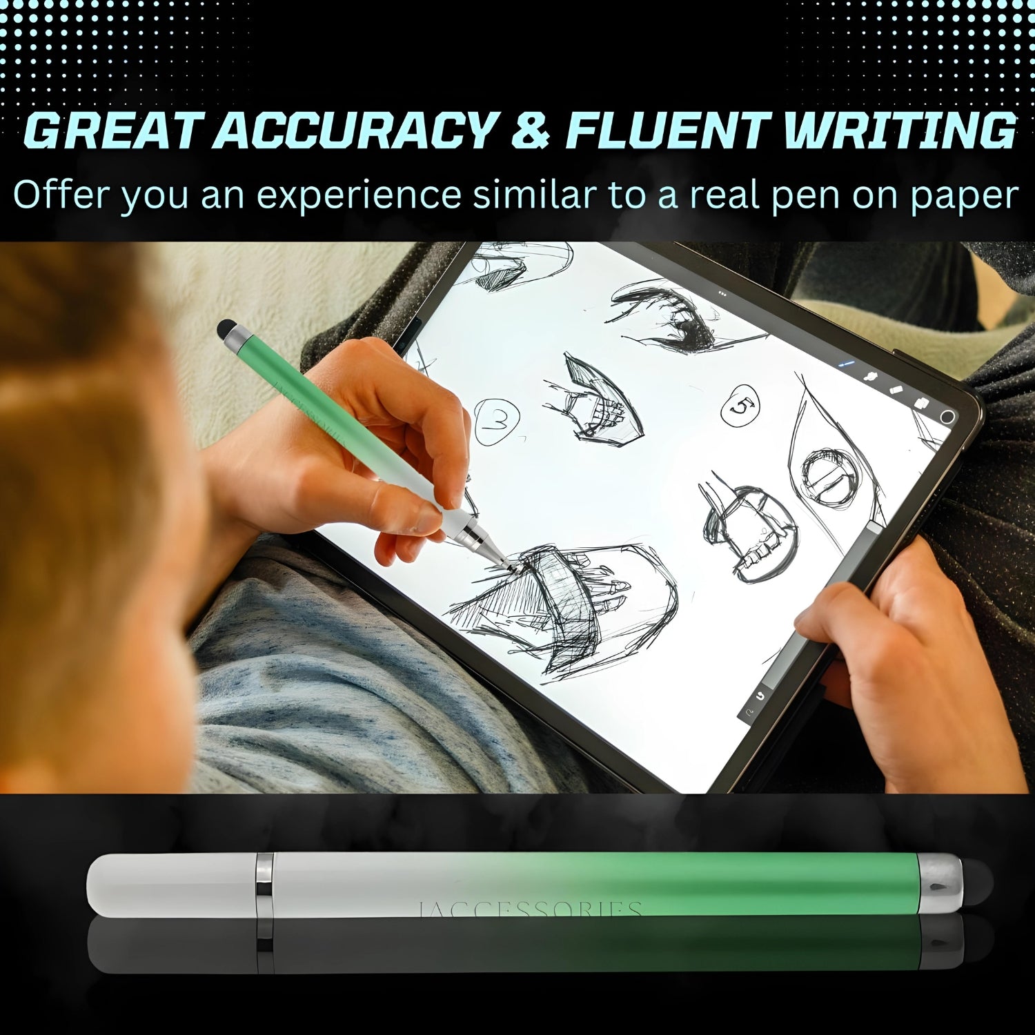 iAccessories 2-Way Dual Sided Silicon Tip Stylus Pen Compatible with All Touch Screen Devices Tablets iPad iPhone Android Mobile Phones - Gradient Green - iAccessories