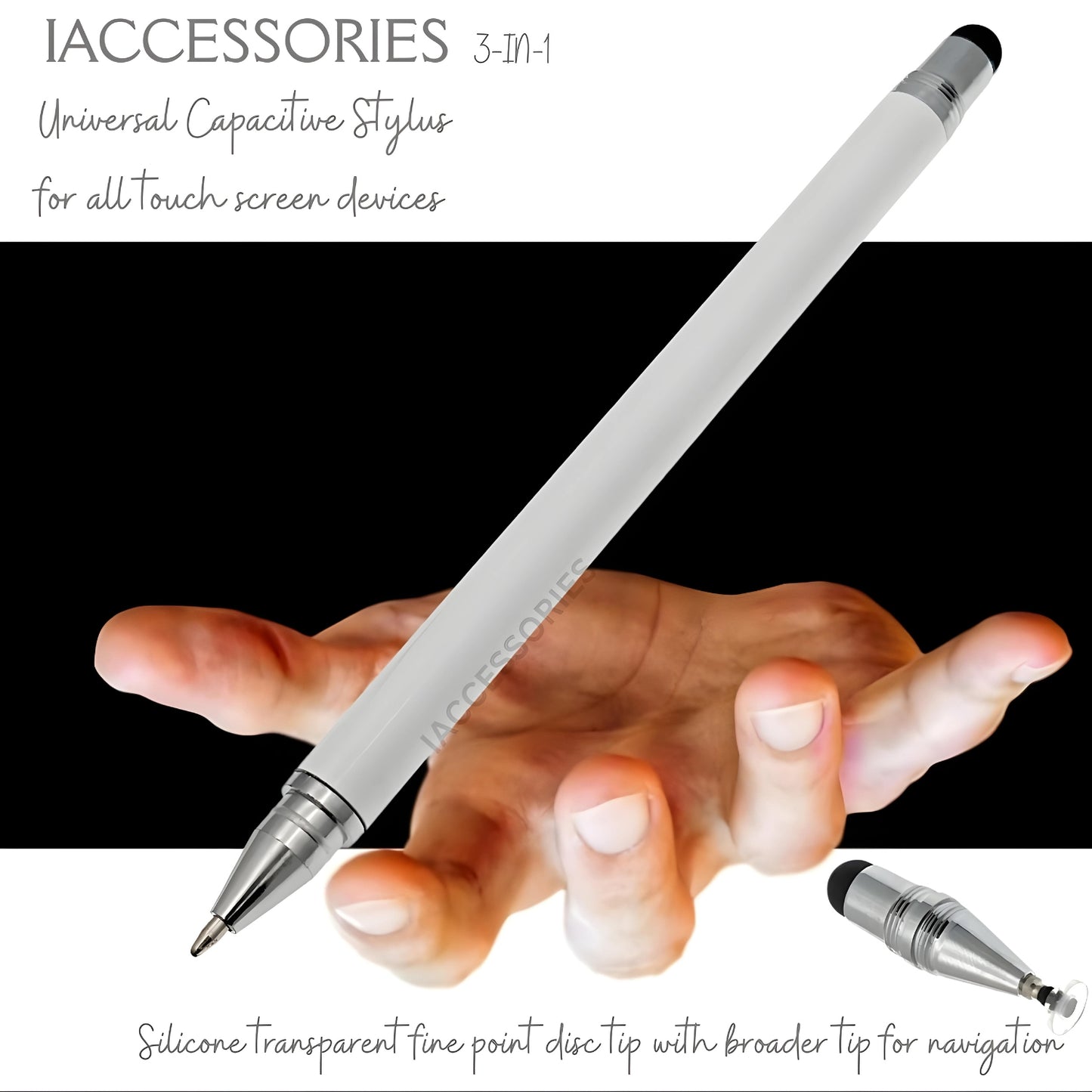 iAccessories 3-in-1 Stylus Pen - Fine Point Silicon Disc Tip, Round Tip, Ballpoint Pen - White - iAccessories