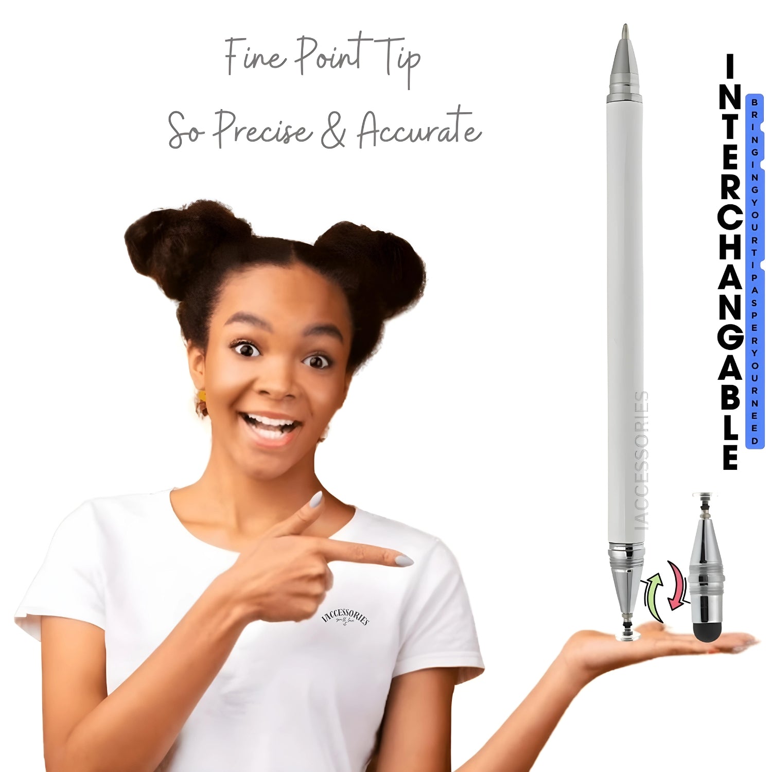 iAccessories 3-in-1 Stylus Pen - Fine Point Silicon Disc Tip, Round Tip, Ballpoint Pen - White - iAccessories