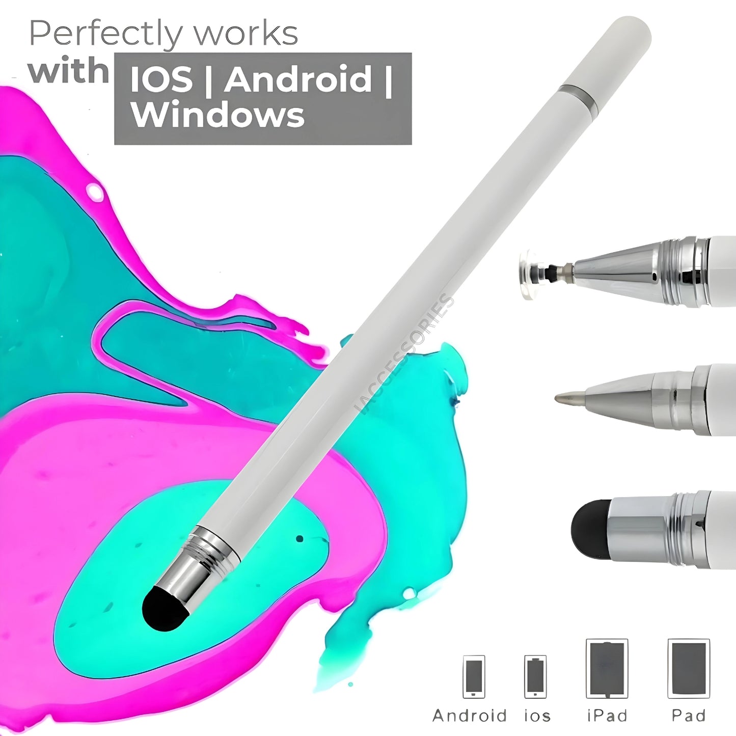iAccessories 3-in-1 Stylus Pen - Fine Point Silicon Disc Tip, Round Tip, Ballpoint Pen - White - iAccessories