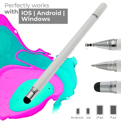 iAccessories 3-in-1 Stylus Pen - Fine Point Silicon Disc Tip, Round Tip, Ballpoint Pen - White - iAccessories