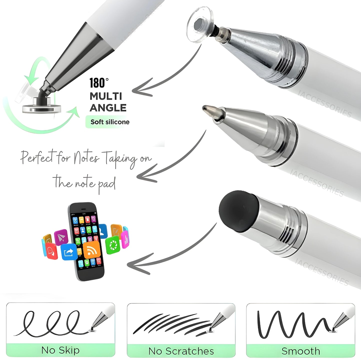 iAccessories 3-in-1 Stylus Pen - Fine Point Silicon Disc Tip, Round Tip, Ballpoint Pen - White - iAccessories