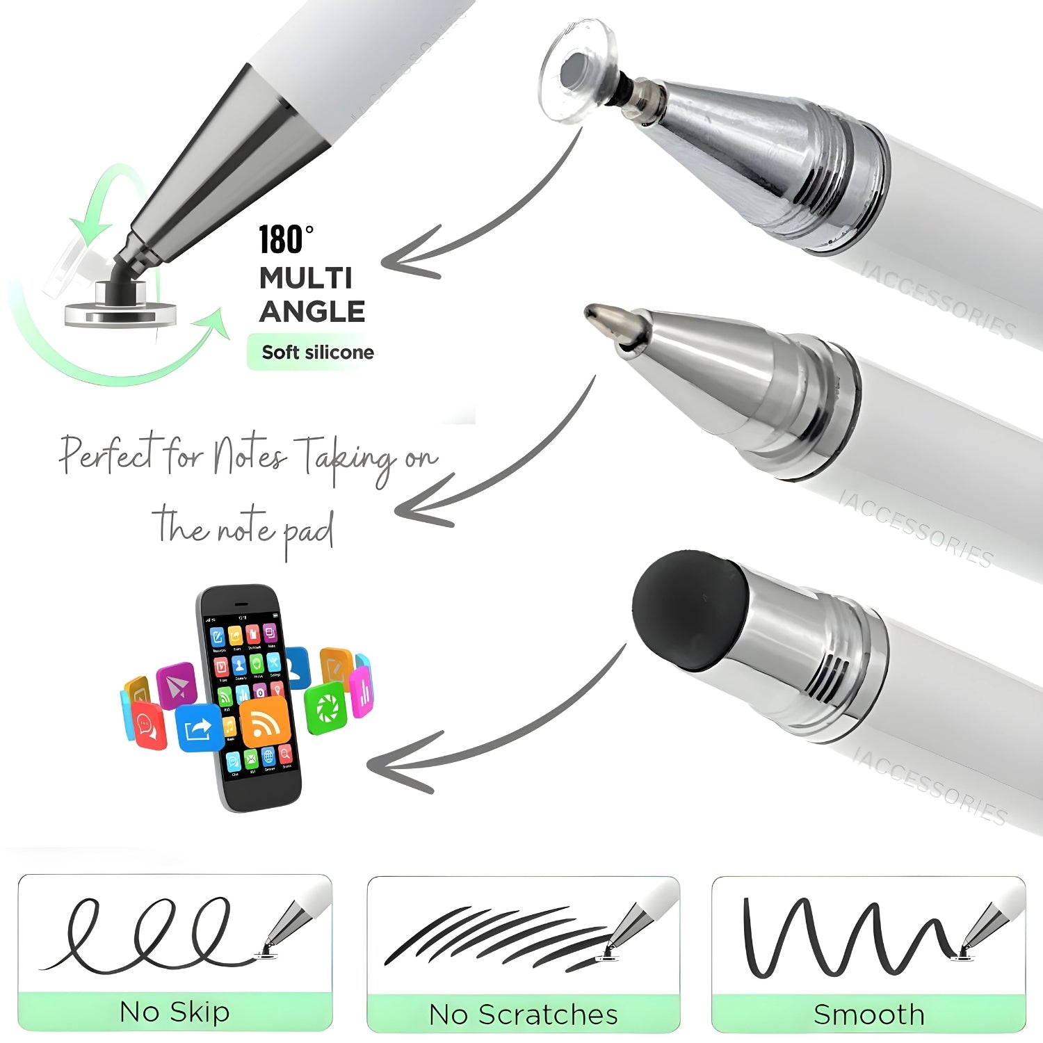 iAccessories 3-in-1 Stylus Pen - Fine Point Silicon Disc Tip, Round Tip, Ballpoint Pen - White - iAccessories