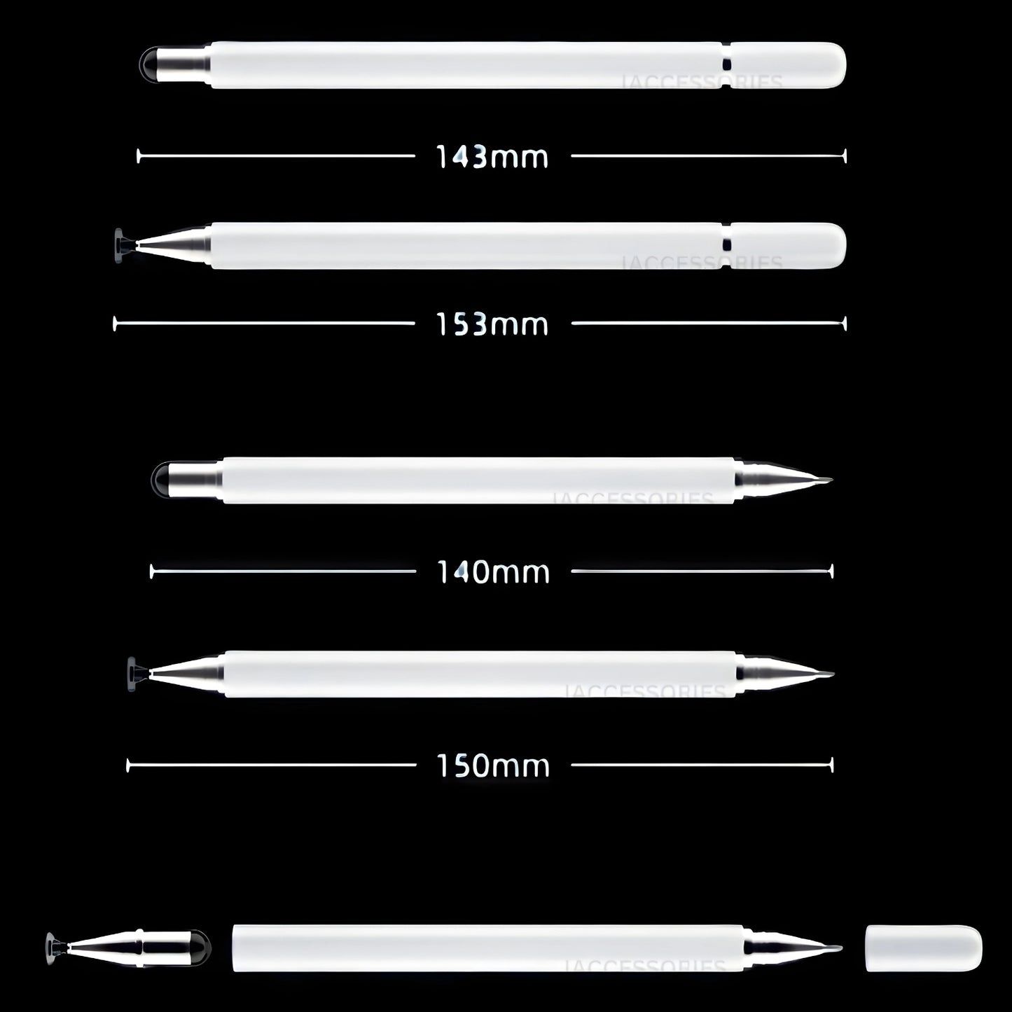 iAccessories 3-in-1 Stylus Pen - Fine Point Silicon Disc Tip, Round Tip, Ballpoint Pen - White - iAccessories