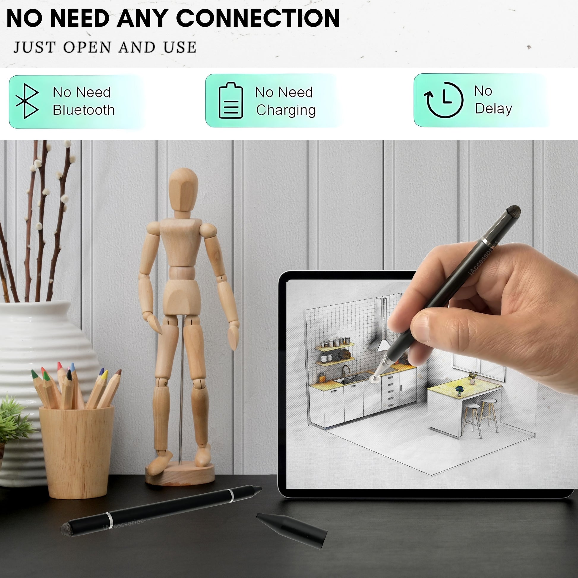 iAccessories 3 in 1 Stylus with Ballpoint Pen for iPhone, iPad, Android - Black - iAccessories