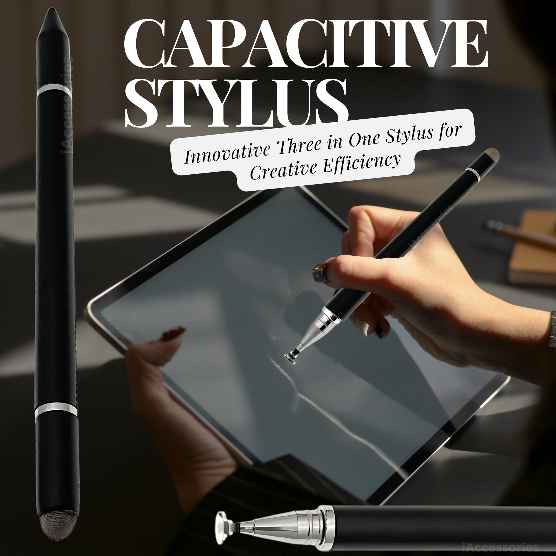 iAccessories 3 in 1 Stylus with Ballpoint Pen for iPhone, iPad, Android - Black - iAccessories