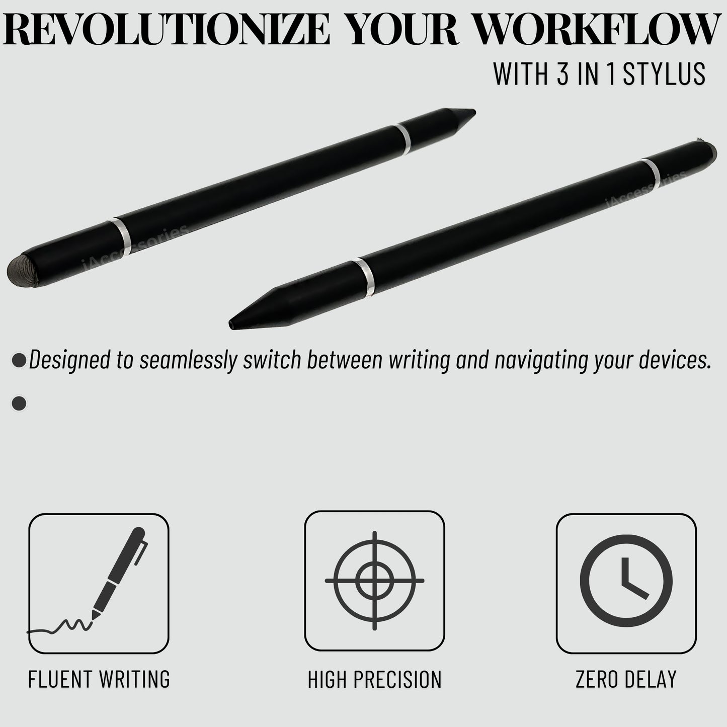 iAccessories 3 in 1 Stylus with Ballpoint Pen for iPhone, iPad, Android - Black - iAccessories
