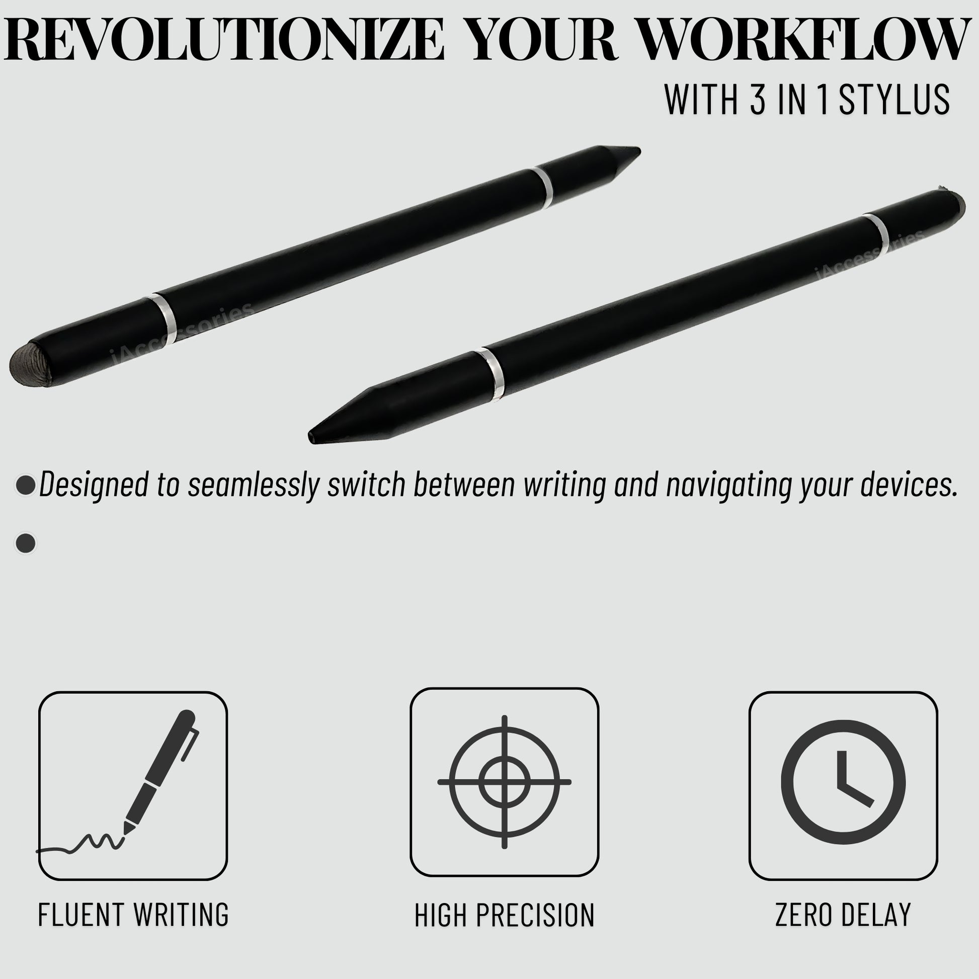 iAccessories 3 in 1 Stylus with Ballpoint Pen for iPhone, iPad, Android - Black - iAccessories