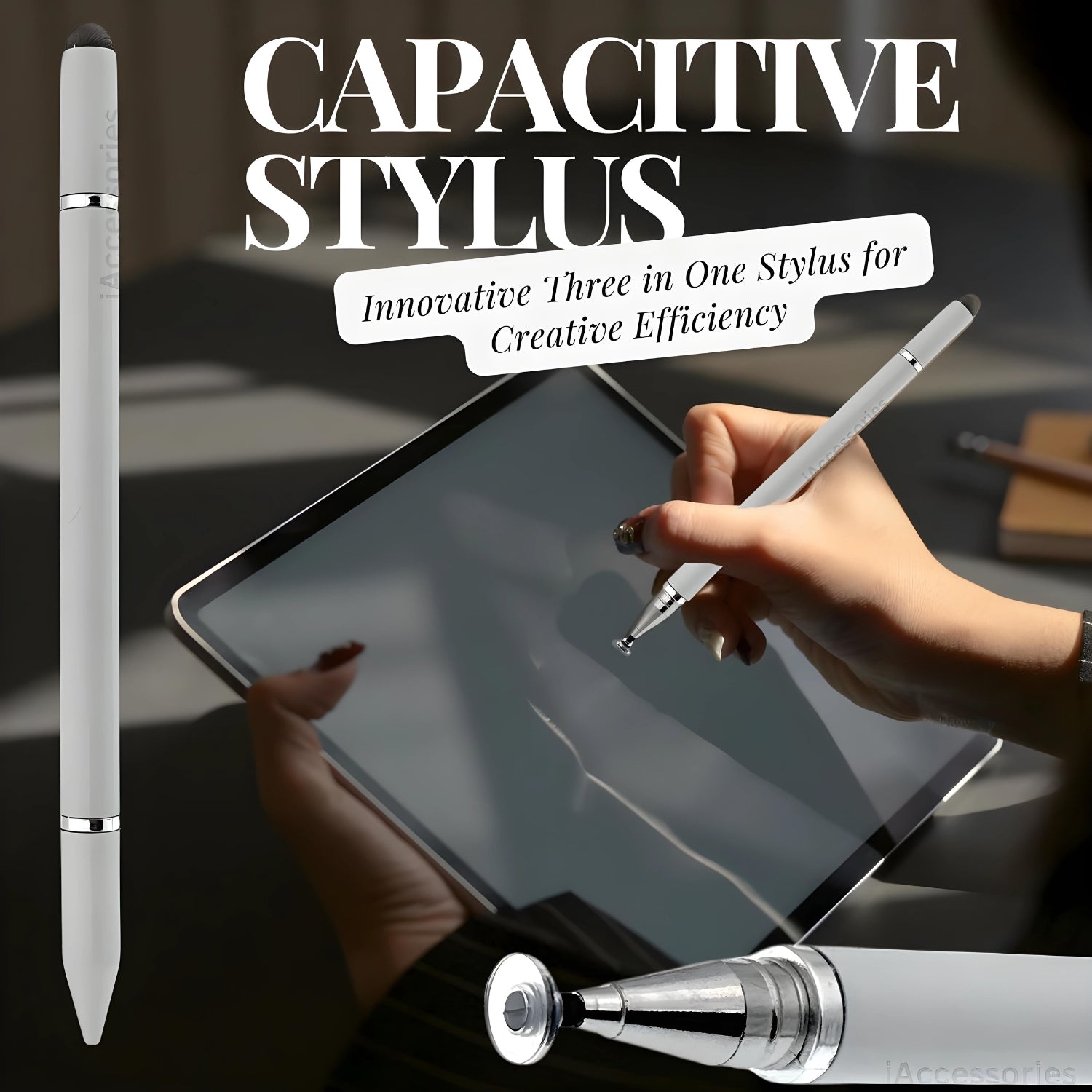 iAccessories 3 in 1 Stylus with Ballpoint Pen for iPhone, iPad, Android - White - iAccessories