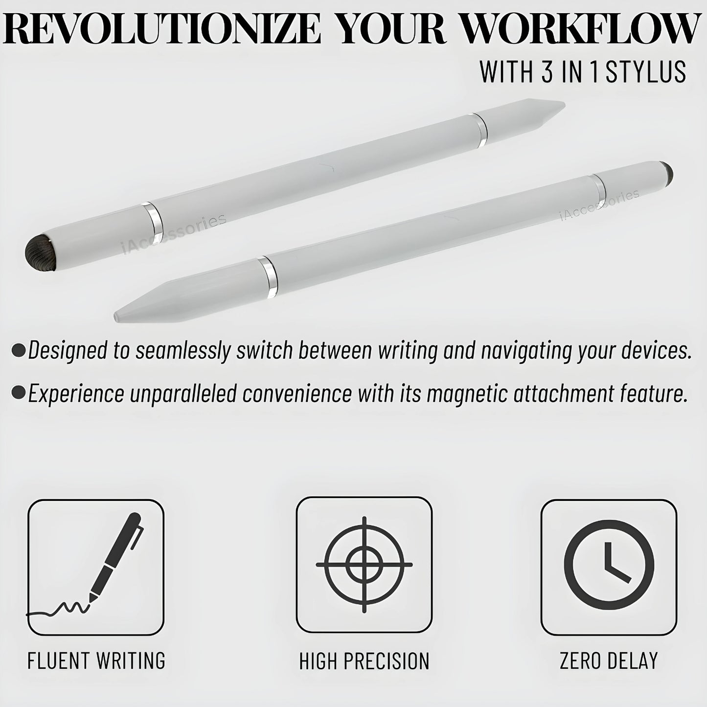 iAccessories 3 in 1 Stylus with Ballpoint Pen for iPhone, iPad, Android - White - iAccessories