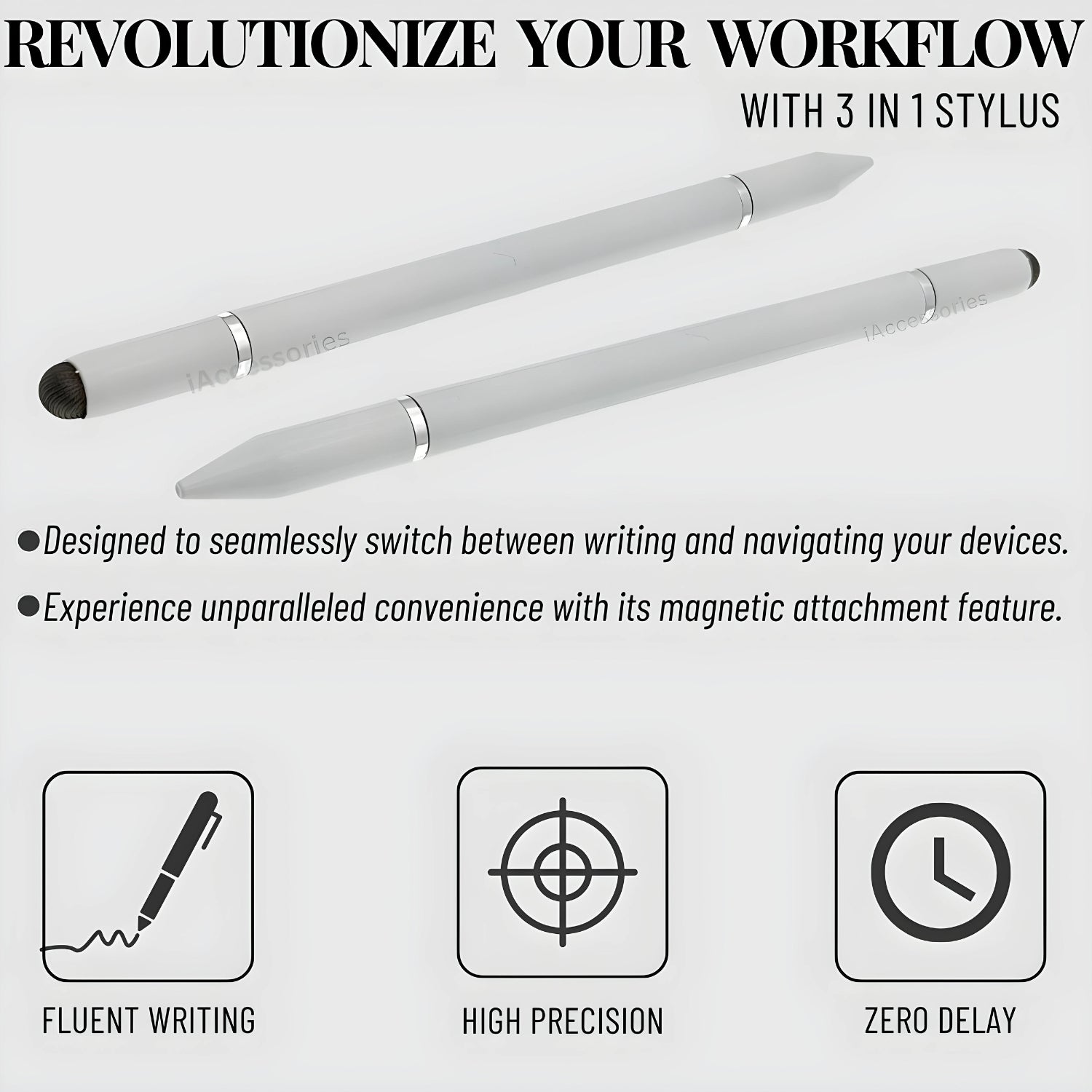 iAccessories 3 in 1 Stylus with Ballpoint Pen for iPhone, iPad, Android - White - iAccessories