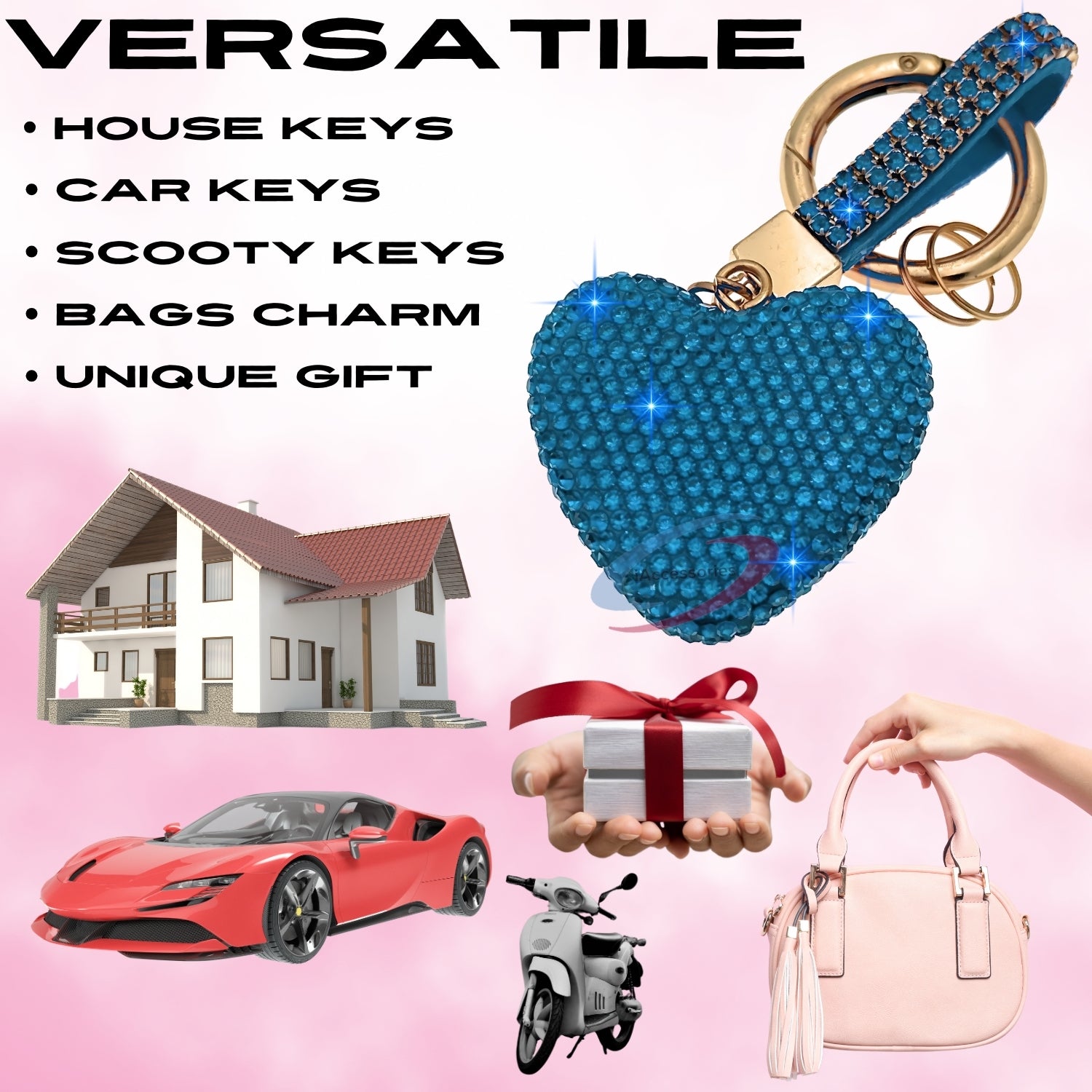iAccessories Elegant Bling Crystal Heart Keychain Charm - Blue - iAccessories