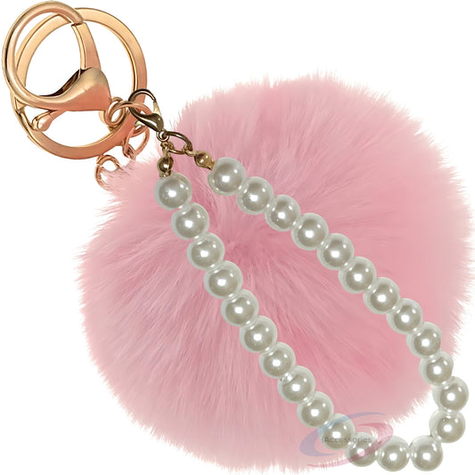 iAccessories Faux Fur Pompom with Pearls Keychain Charm - Pink for Girls' Bags, Cars, Scooty, Bike, Home Keys - iAccessories