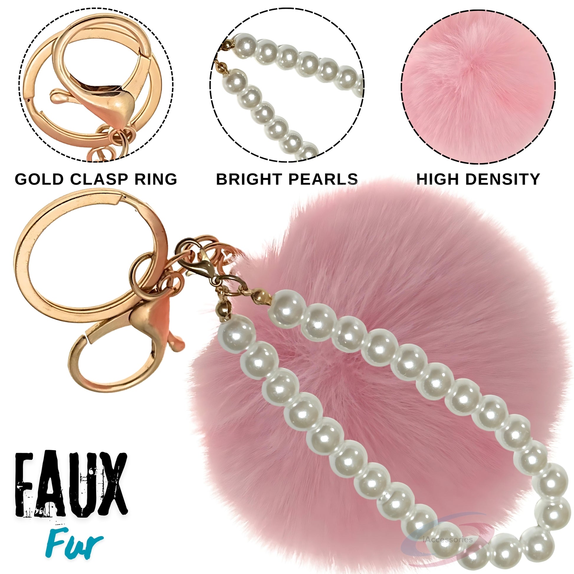 iAccessories Faux Fur Pompom with Pearls Keychain Charm - Pink for Girls' Bags, Cars, Scooty, Bike, Home Keys - iAccessories