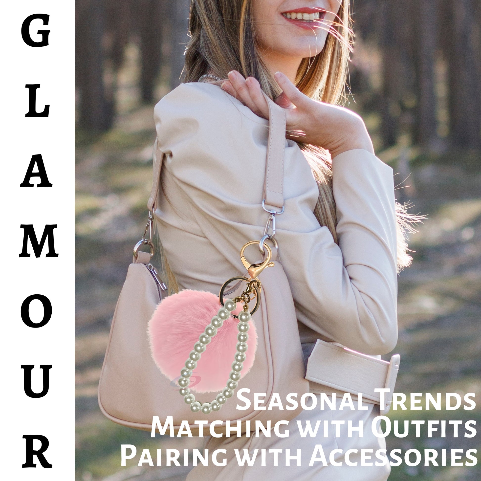 iAccessories Faux Fur Pompom with Pearls Keychain Charm - Pink for Girls' Bags, Cars, Scooty, Bike, Home Keys - iAccessories