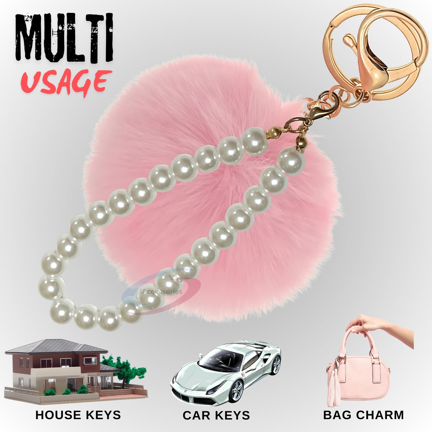 iAccessories Faux Fur Pompom with Pearls Keychain Charm - Pink for Girls' Bags, Cars, Scooty, Bike, Home Keys - iAccessories
