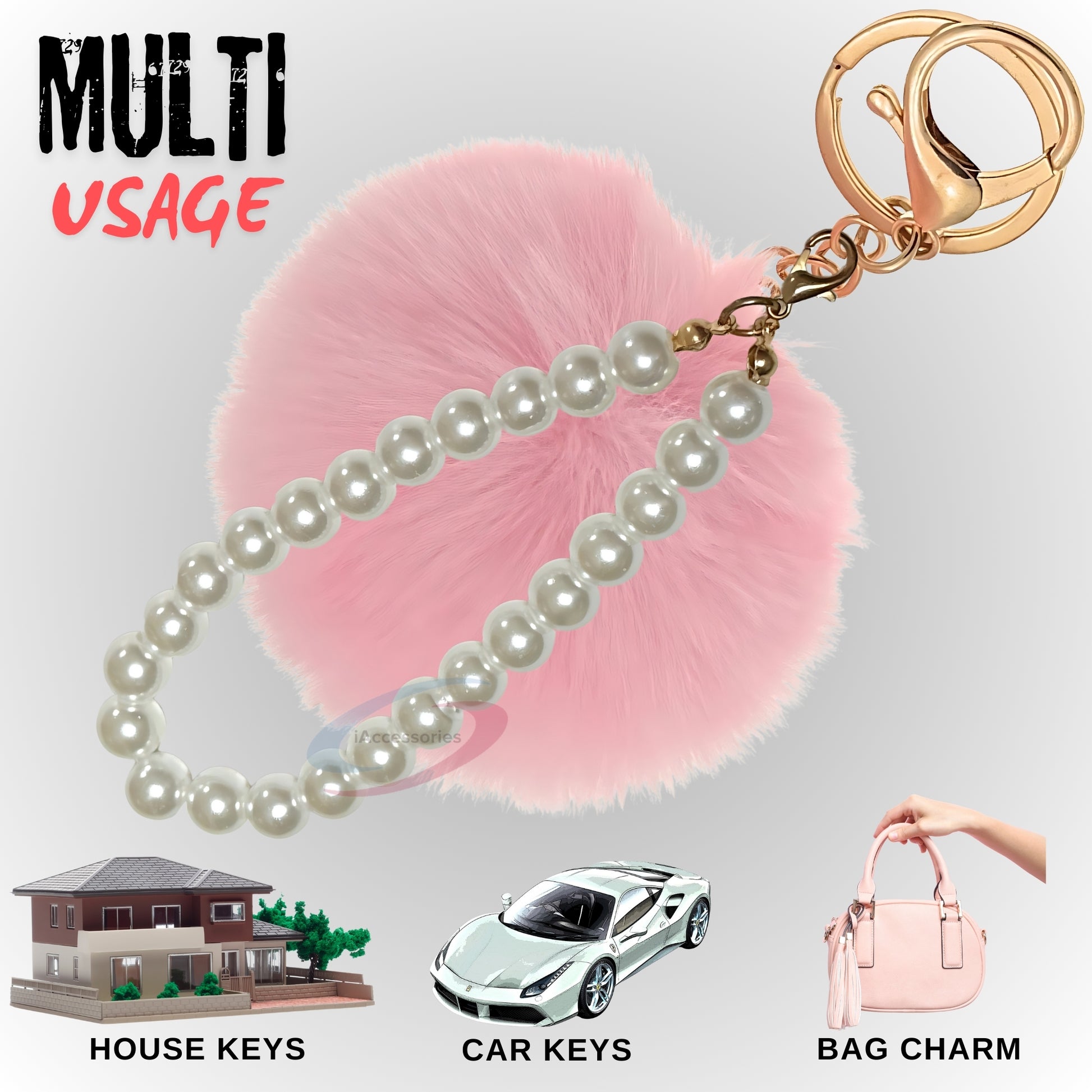 iAccessories Faux Fur Pompom with Pearls Keychain Charm - Pink for Girls' Bags, Cars, Scooty, Bike, Home Keys - iAccessories