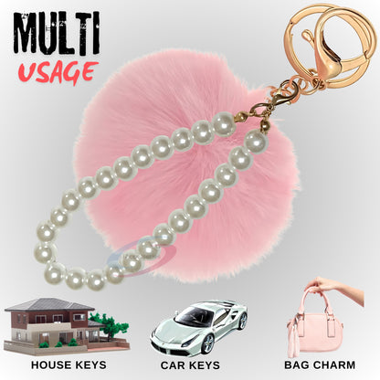 iAccessories Faux Fur Pompom with Pearls Keychain Charm - Pink for Girls' Bags, Cars, Scooty, Bike, Home Keys - iAccessories