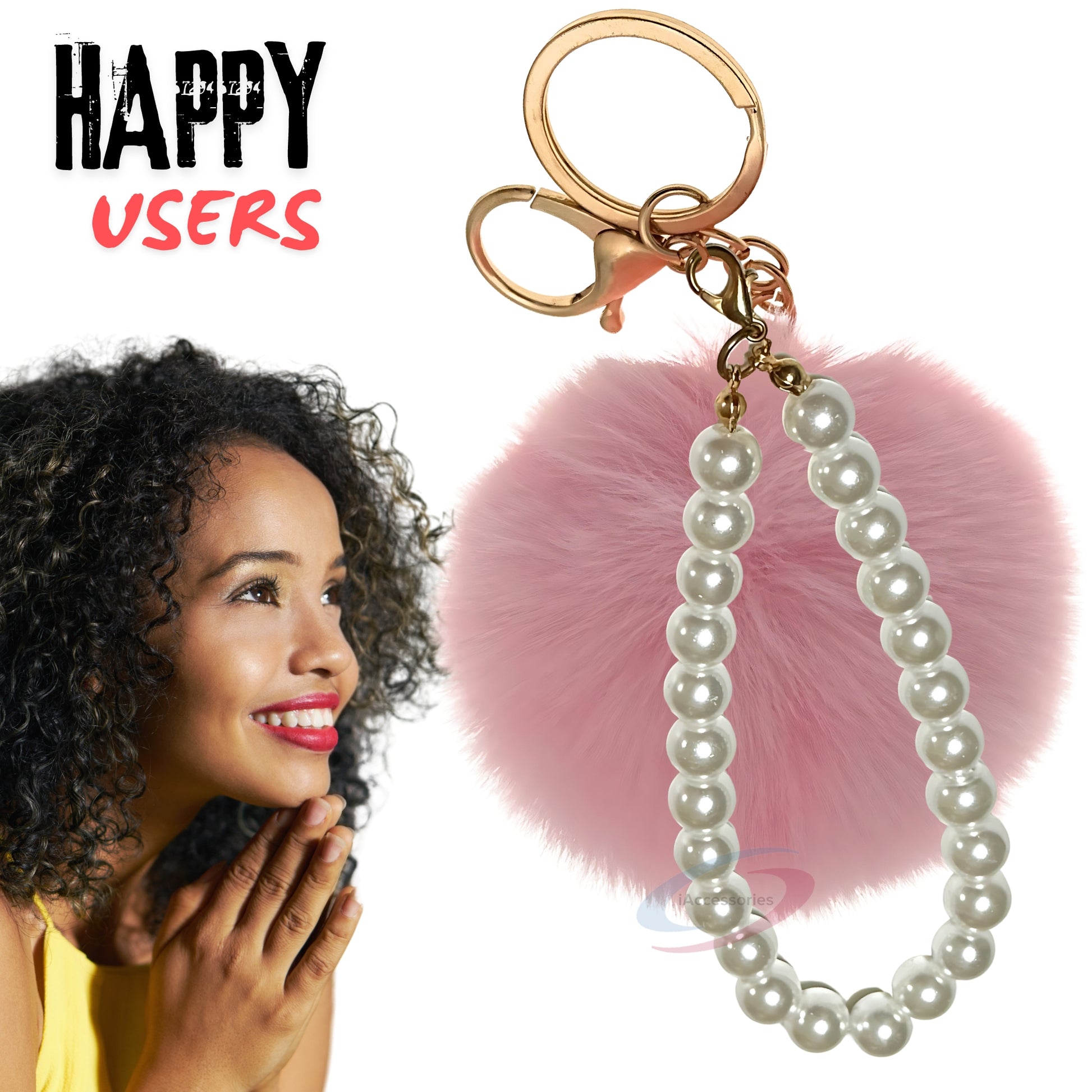 iAccessories Faux Fur Pompom with Pearls Keychain Charm - Pink for Girls' Bags, Cars, Scooty, Bike, Home Keys - iAccessories