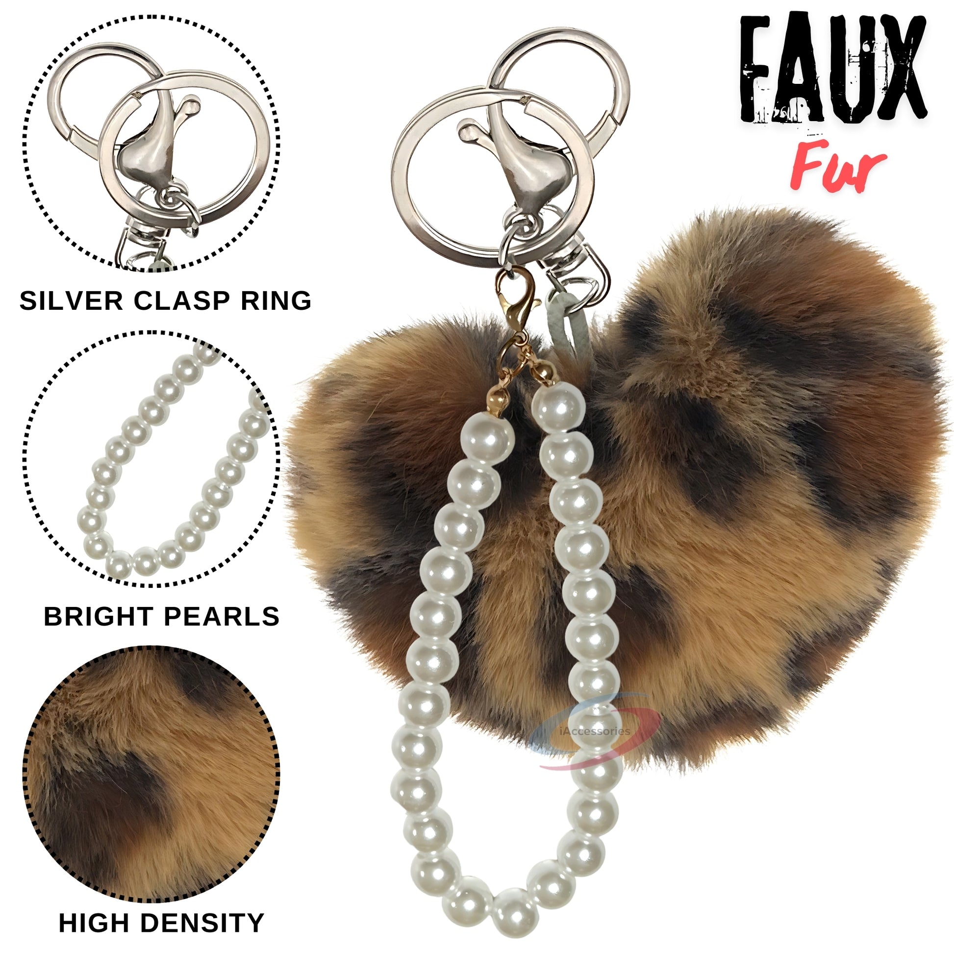 iAccessories Fluffy Faux Fur Soft Pompom Heart Keychain Charm with Pearls - Dark Brown Lepo - iAccessories