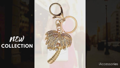 iAccessories Crystal Palm Tree Keychain | Gold Pearl Charm for Bags, Cars & Bikes